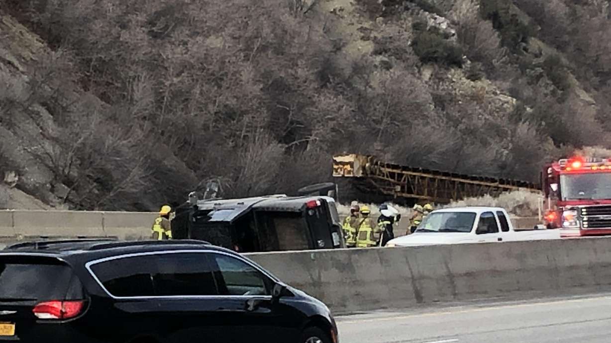Hazardous material crews responded to a crash Wednesday on I-80 after a pickup truck rolled near the quarry of Parleys Canyon and its diesel fuel began leaking into a storm drain, the Utah Highway Patrol said.