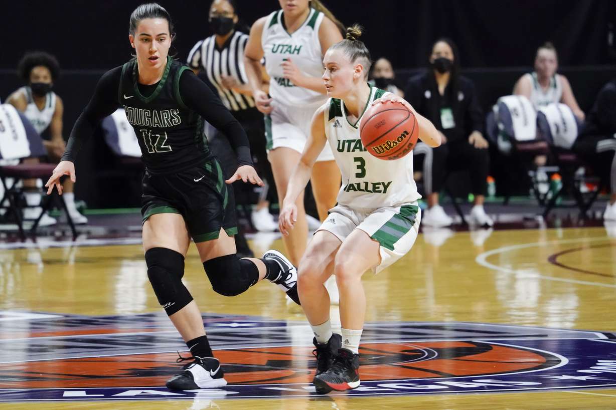Utah Valley guard Maria Carvalho brings the ball up court against Chicago State, Wednesday, March 10, 2021 in the WAC Tournament quarterfinals at Orleans Arena in Las Vegas.