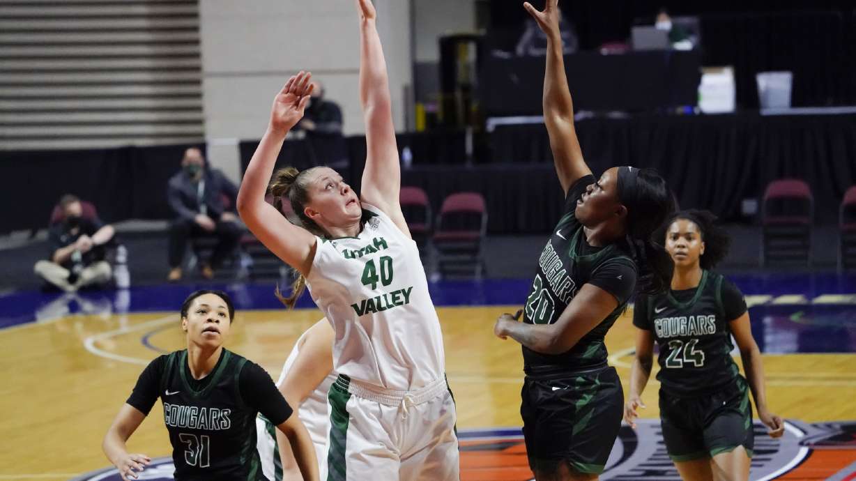 Utah Valley forward Josie Williams (40) defends against Chicago State, Wednesday, March 10, 2021 in the WAC Tournament quarterfinals at Orleans Arena in Las Vegas.