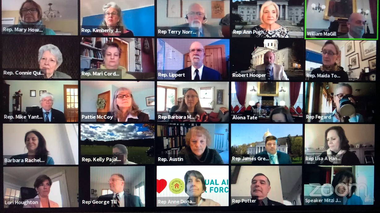 In this April 23, 2020, file photo, members of the Vermont House of Representatives convene in a Zoom video conference for its first full parliamentary online session in Montpelier, Vt. Zoom Video Communications is rapidly emerging as the latest internet gold mine as millions of people flock to its conferencing service to see colleagues, friends and family while tethered to their homes during the pandemic.