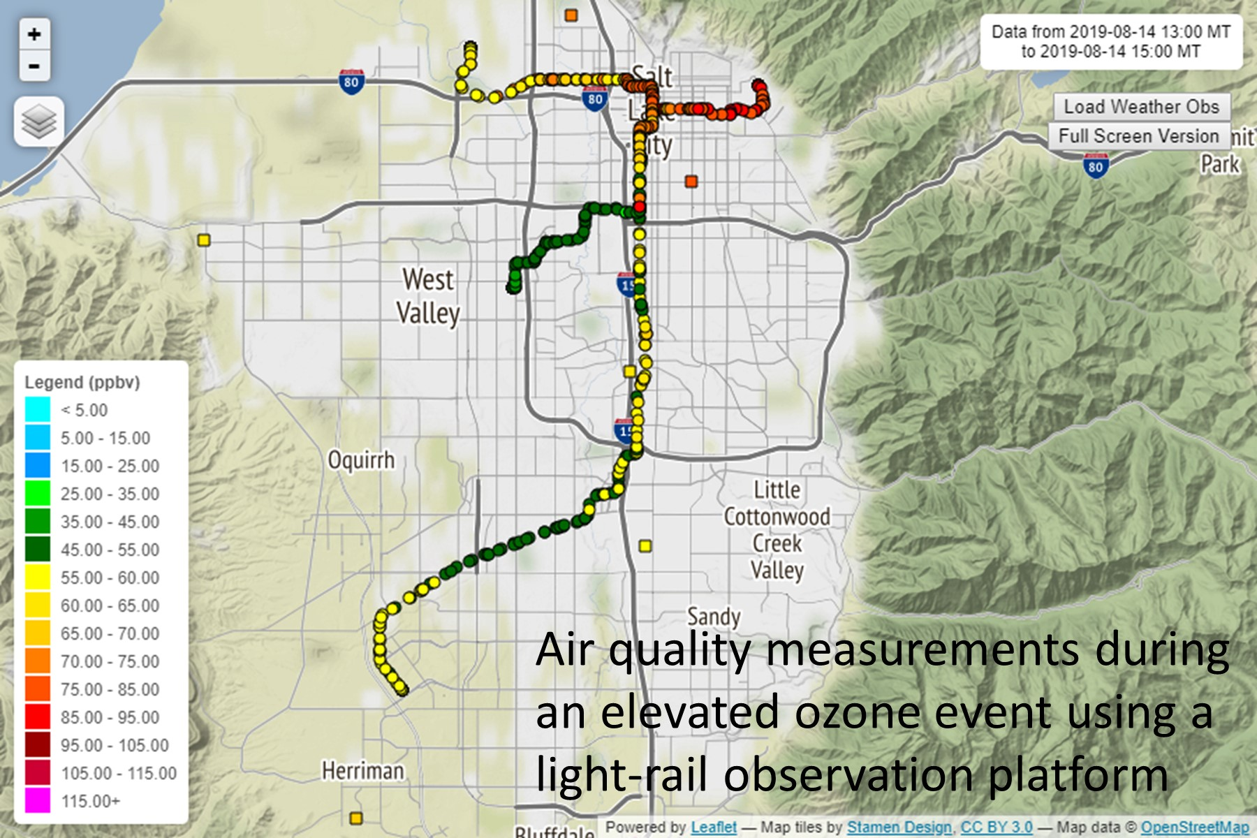 This map shows air quality trends along the green and red line TRAX trains during an "ozone event" on Aug. 14, 2019.