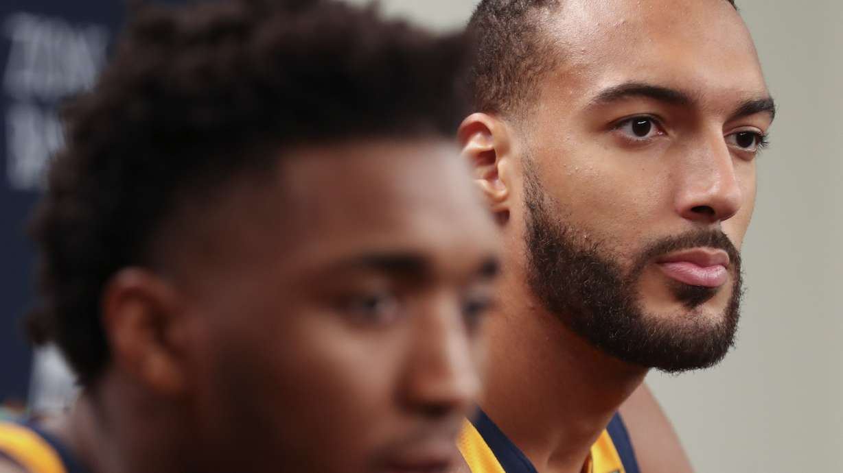Utah Jazz players Rudy Gobert, right, and Donovan Mitchell and answer questions during Jazz Media Day at Vivint Arena in Salt Lake City on Monday, Sept. 30, 2019.