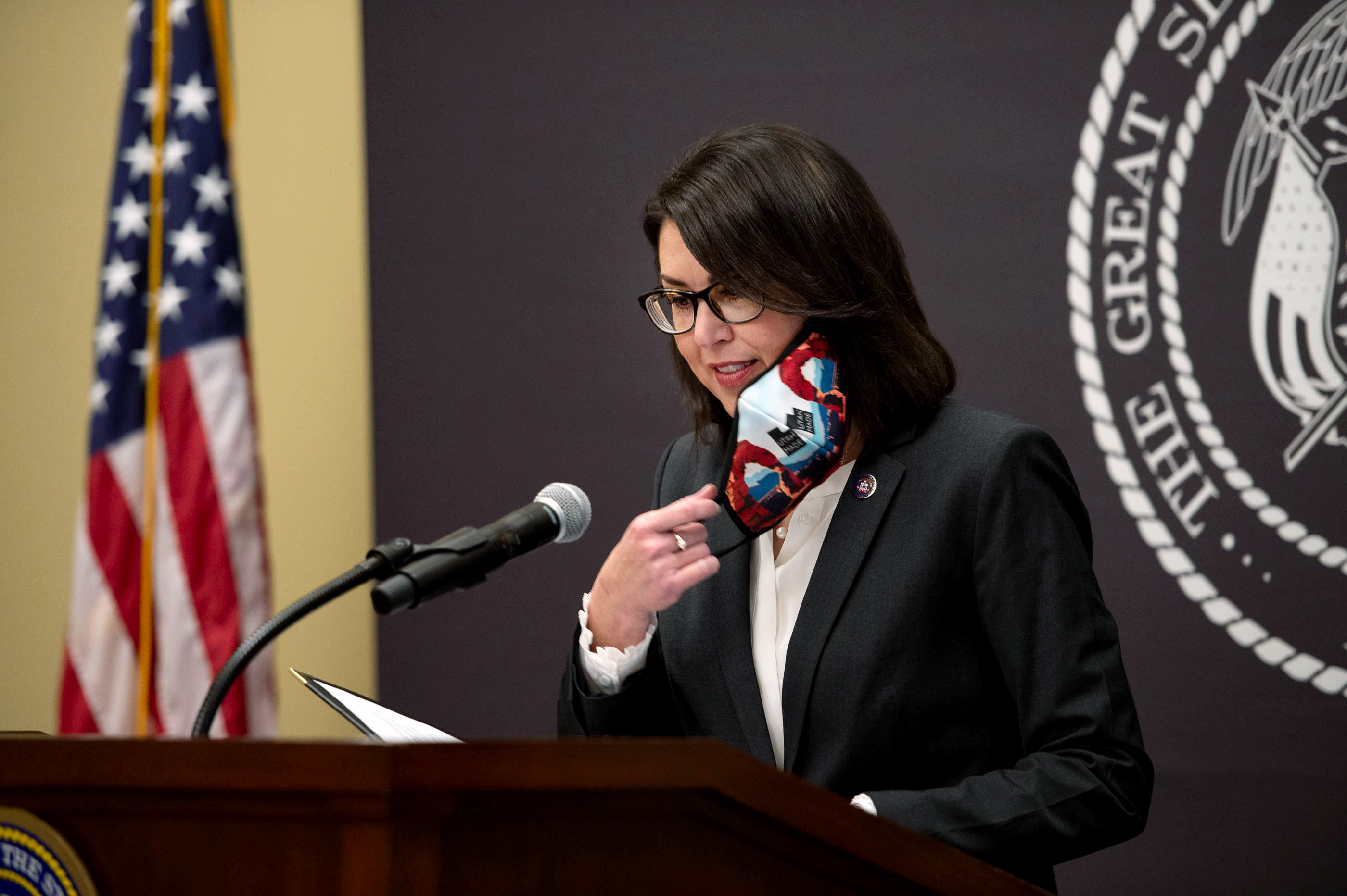 Lt. Gov. Deidre Henderson removes her mask to provide updates on the ongoing pandemic during a news conference at the Capitol in Salt Lake City on Thursday, March 11, 2021.