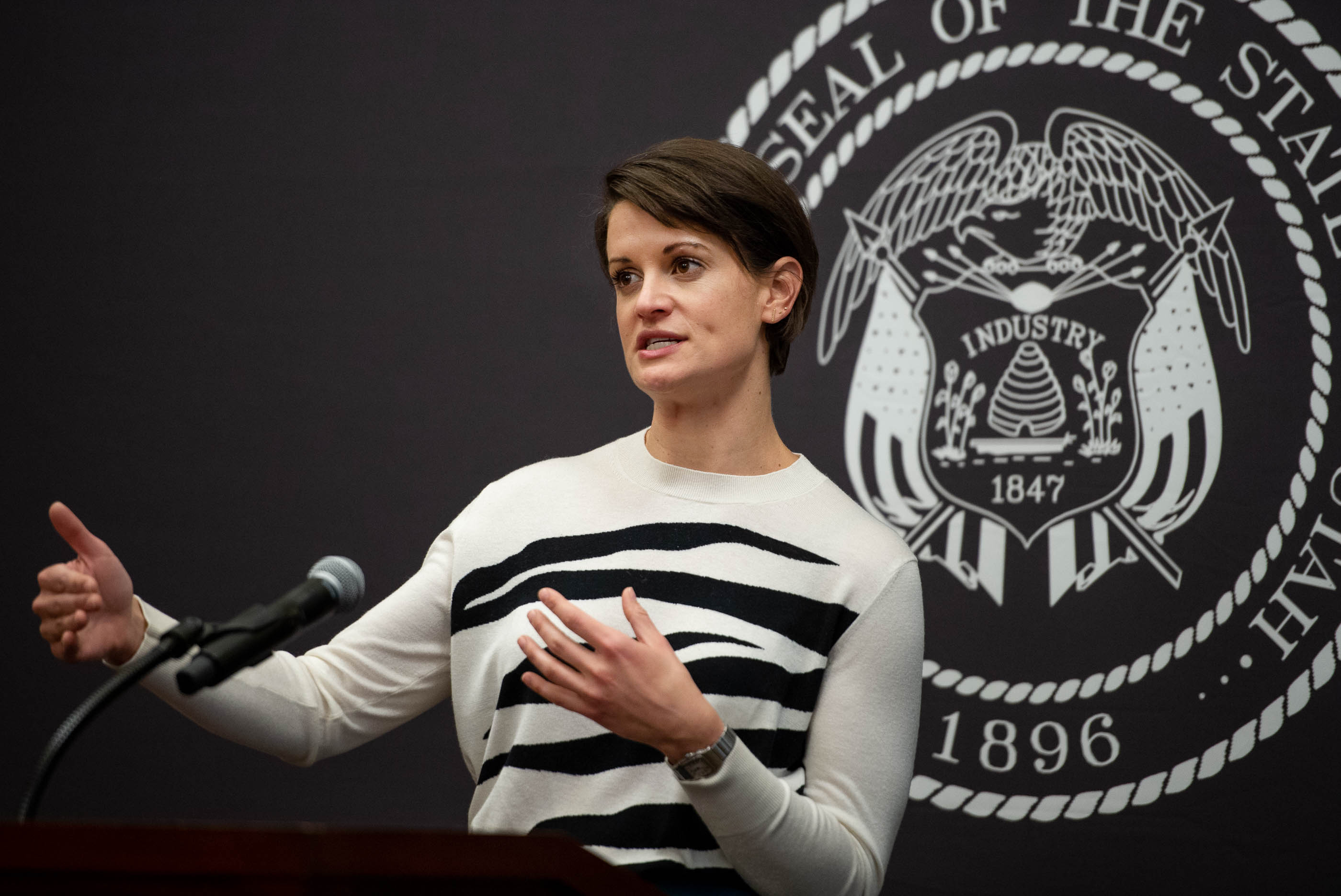State epidemiologist Dr. Angela Dunn provides updates on the ongoing pandemic during a news conference at the Capitol in Salt Lake City on Thursday, March 11, 2021.