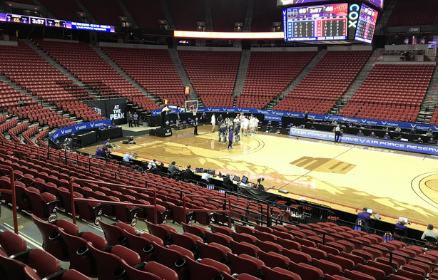 The south end of the Thomas & Mack Center, where Utah State shot 55% in the second half of a Mountain West Tournament quarterfinal to pull away from UNLV, 74-53, Thursday, March 11, 2021.