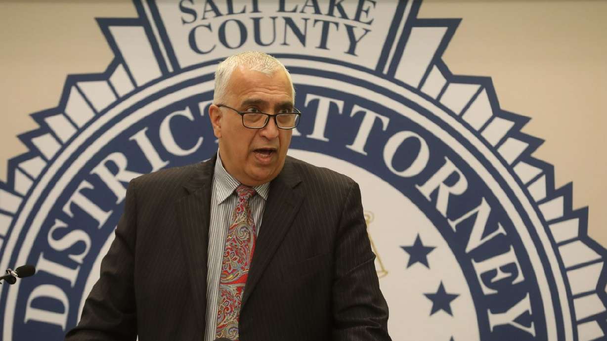 Salt Lake County District Attorney Sim Gill speaks at a
press conference the district attorney’s office in Salt Lake City
on Friday, March 12, 2021.