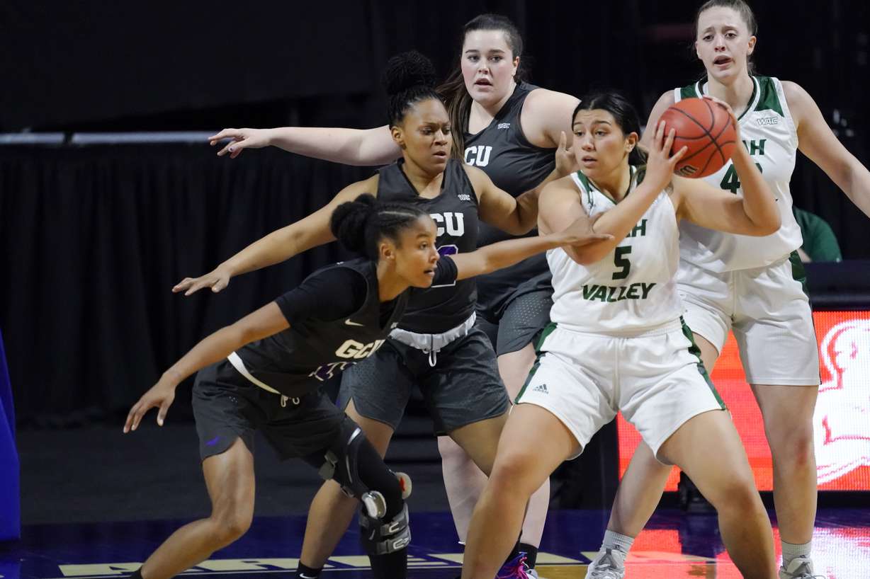 Utah Valley forward Shay Fano (5) holds the ball up during a Western Athletic Conference Women's Basketball Tournament semifinal against Grand Canyon, Friday, March 14, 2021 in Las Vegas