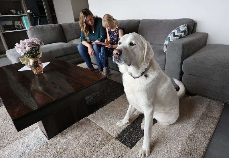 Amelia Wilcox works on homework with daughter Sierra,
9, at their home in Midway on Friday, March 12, 2021. The Women
Tech Council is bringing together women across the tech sector to
put a face and figures to the impact of the female recession on the
state’s economy and tech scene.