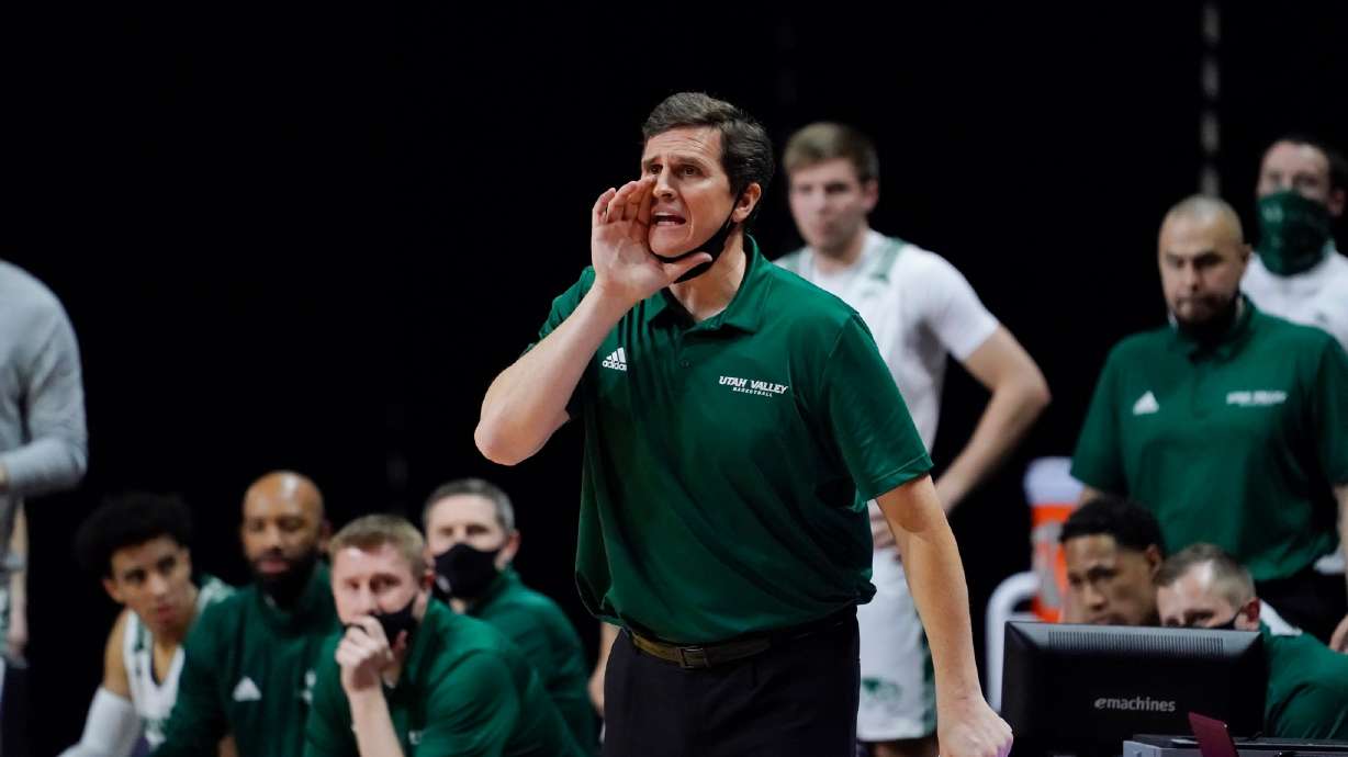 Utah Valley coach Mark Madsen during the WAC tournament semifinals, Friday, March 12, 2021 in Las Vegas.