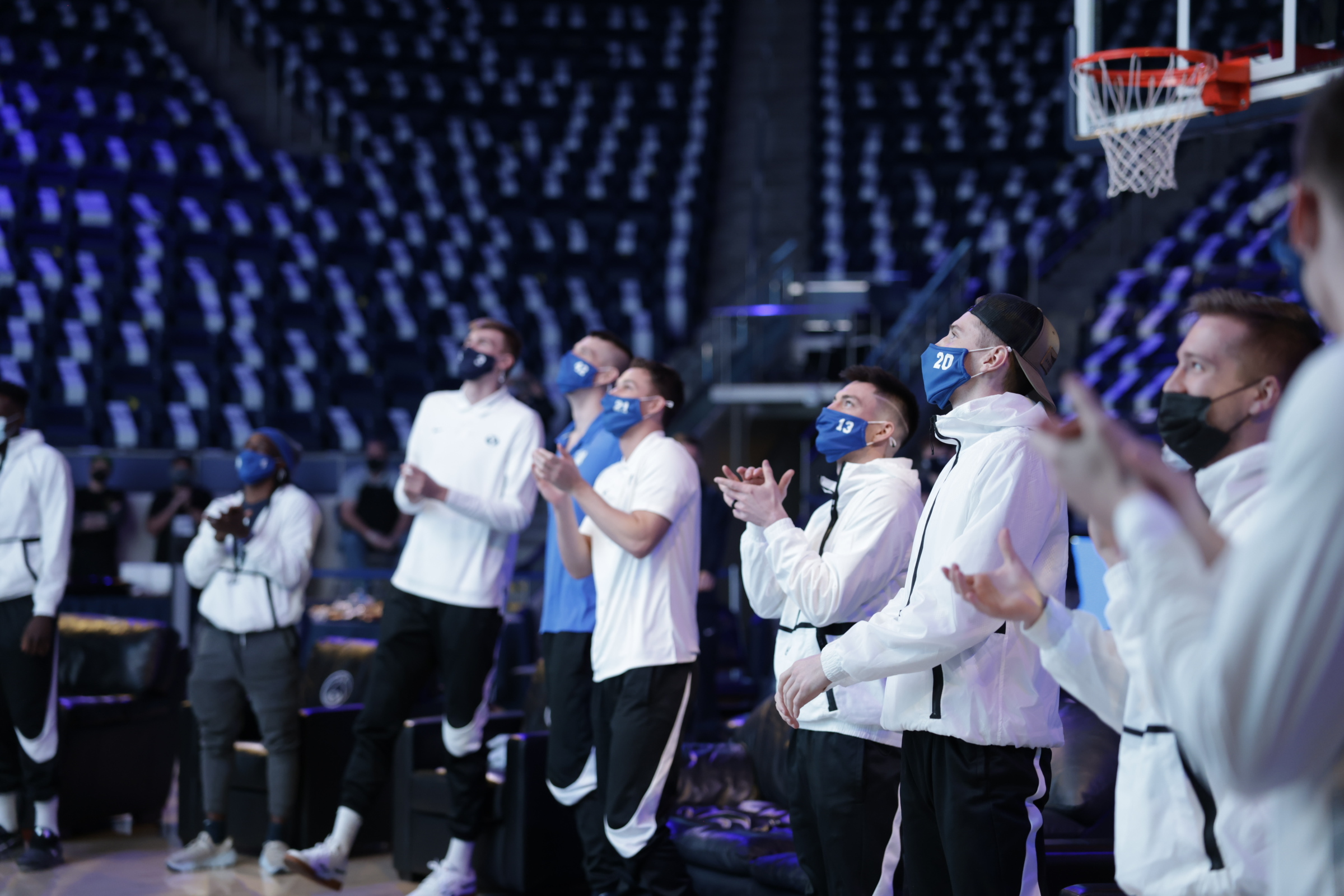 BYU players react after receiving a No. 6 seed in the 2021 NCAA Tournament, the Cougars' first tournament bid since 2015, Sunday, March 14, 2021 in the Marriott Center.
