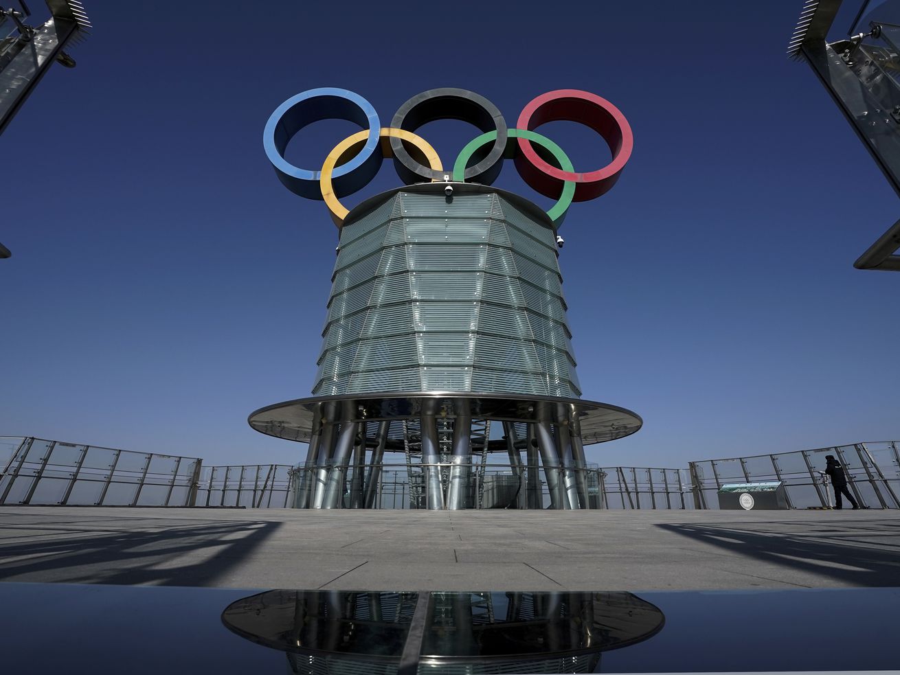 A security guard patrols at a viewing platform of the
Olympics Tower in Beijing on Feb. 2, 2021. Utah Sen. Mitt Romney
urged American spectators to boycott the 2022 Winter Games in
Beijing.