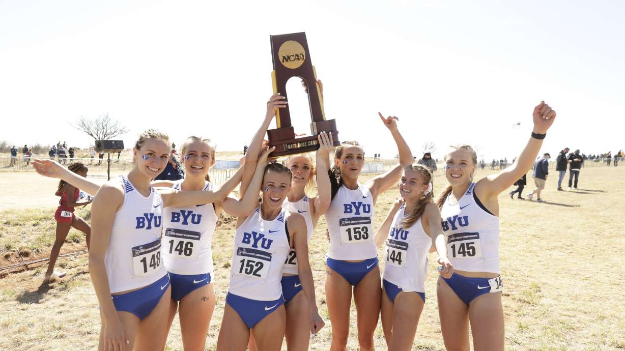 BYU women's cross country celebrates its first national title since 2002, Monday, March 15, 2021 in Stillwater, Oklahoma.