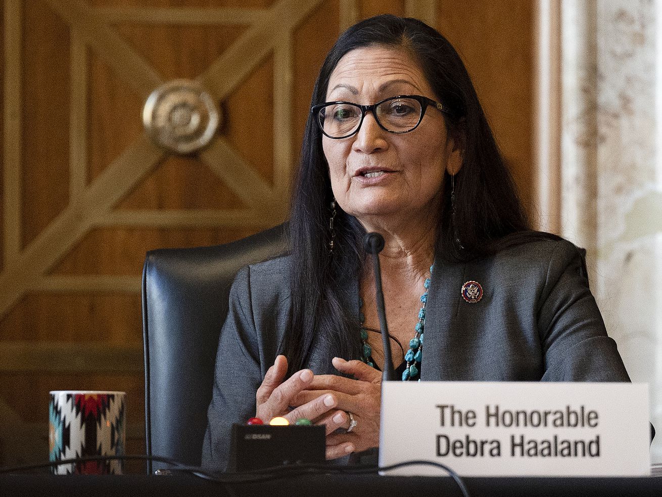 Rep. Deb Haaland, D-N.M. and nominee to be interior
secretary, speaks during her confirmation hearing on Capitol Hill
in Washington on Feb. 23, 2021. On Monday, the Senate confirmed her
as interior secretary.