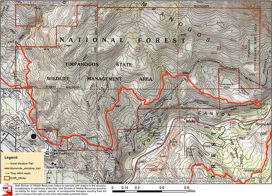This map shows the path of the Bonneville Shoreline Trail (in red) through the Timpanogos Wildlife Management Area near Provo Canyon.
