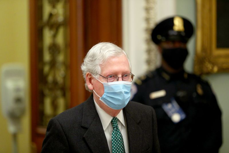 FILE PHOTO: U.S. Senate Minority Leader Mitch McConnell (R-KY) leaves the Capitol after the third day of senate impeachment hearings against former U.S. President Donald Trump in Washington, U.S., February 11, 2021. REUTERS/Tom Brenner