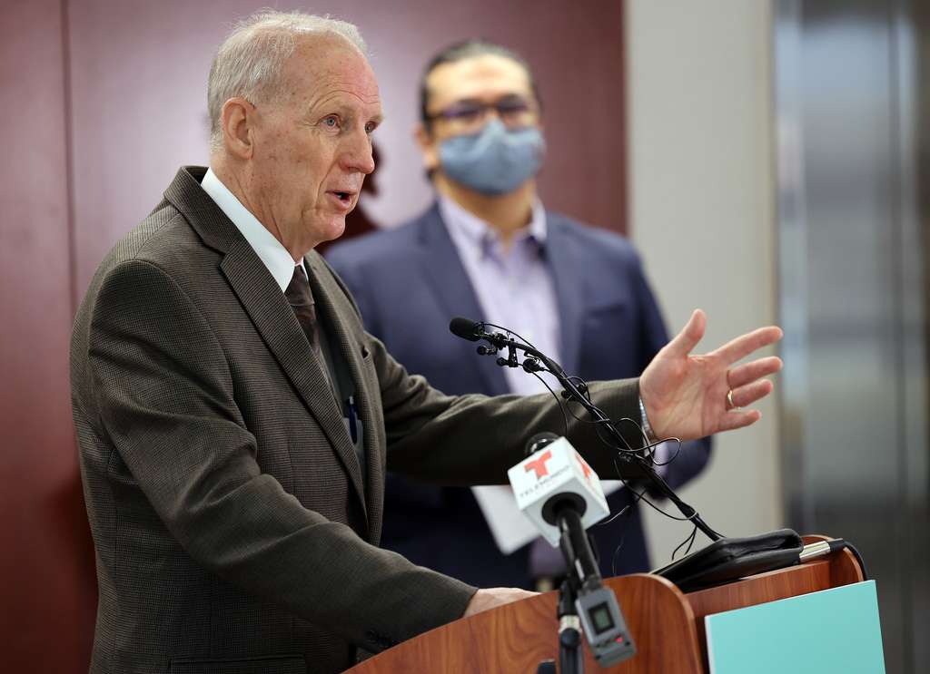 West Valley Mayor Ron Bigelow speaks at a bilingual press event at West Valley City Hall on Tuesday, March 16, 2021, where a new mural dedicated to those who have taken their own lives and a media campaign to raise awareness of mental health and suicide prevention resources available to Utah's Latino community were unveiled.
