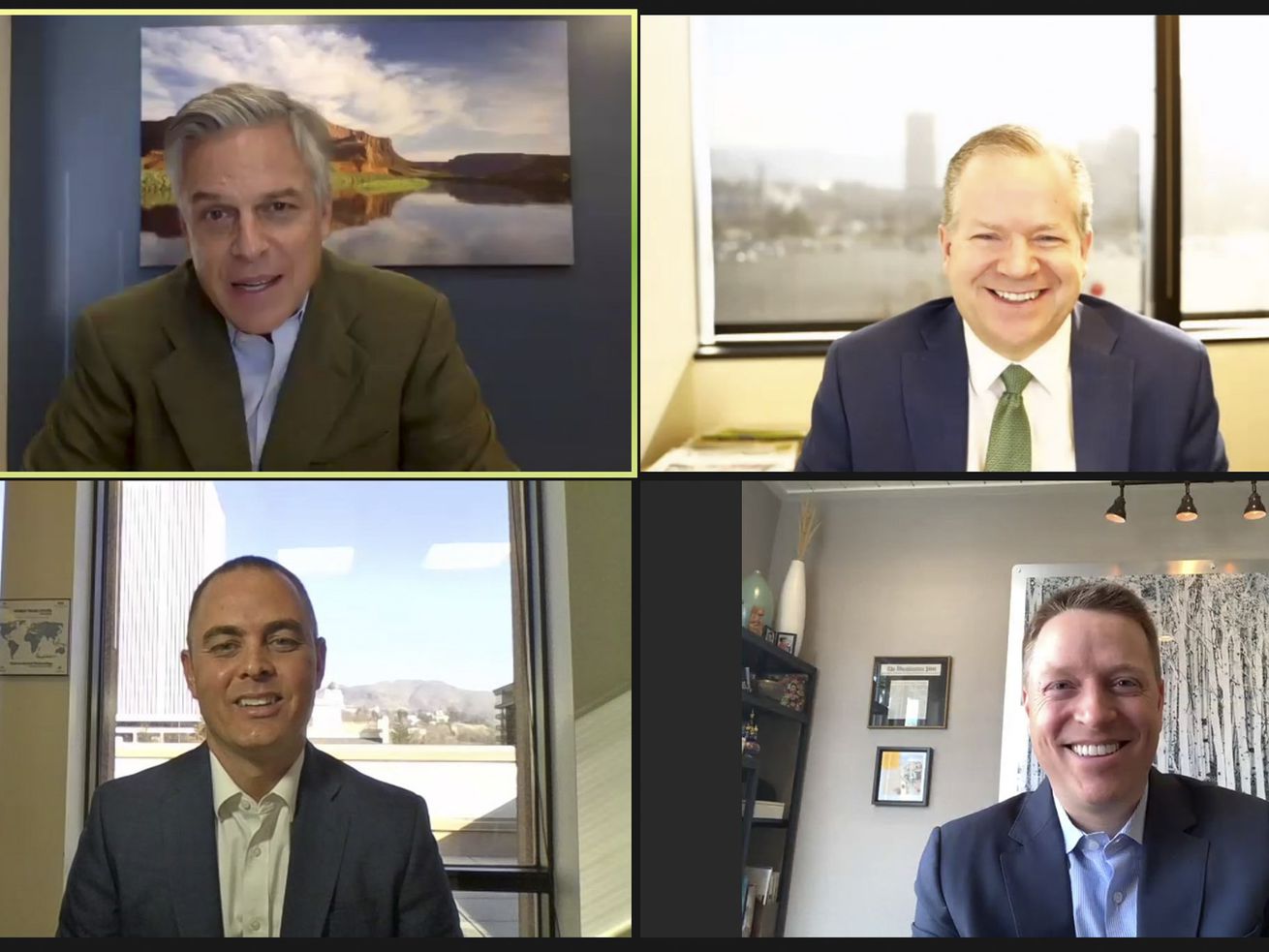Former Utah Gov. and U.S. Ambassador Jon M. Huntsman
Jr., top left, Boyd Matheson, opinion editor and head of strategic
reach at the Deseret News, top right, Miles Hansen, president and
CEO of World Trade Center Utah, bottom left, and Matthew Pottinger,
distinguished visiting fellow at the Hoover Institution and former
deputy national security adviser, participate in a virtual seminar
dealing with the United States and its largest trading partner
China, on Wednesday, March 17, 2021.