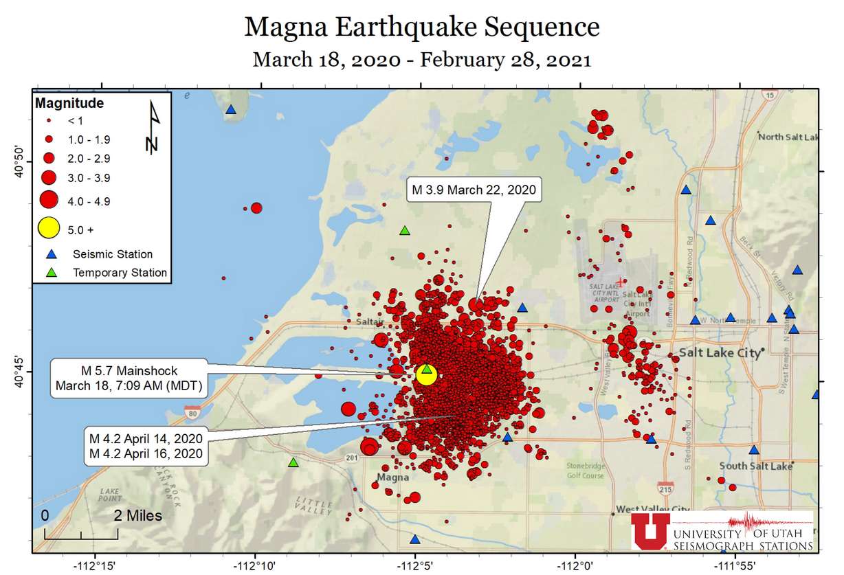 This map shows the 5.7 magnitude mainshock centered near Magna and the over 2,500 aftershocks from Wednesday, March 18, 2020 through Sunday, Feb. 28, 2021.