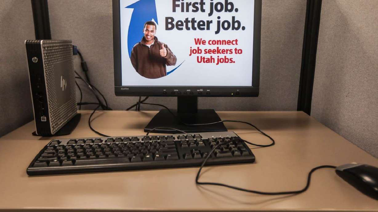 A workstation at the Department of Workforce Services
in Midvale is pictured on Thursday, Feb. 25, 2021.