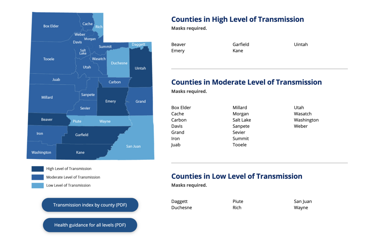 This graphic, taken from the Utah Department of Health's COVID-19 website, shows the transmission index level for individual Utah counties as of Thursday, March 18, 2021.