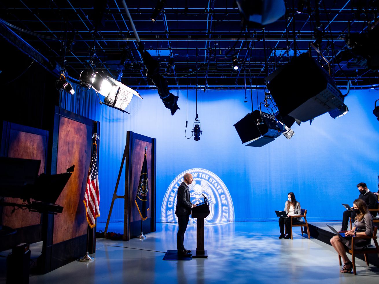 Gov. Spencer Cox speaks during his monthly news
conference at PBS Utah in Salt Lake City on Thursday, March 18,
2021.