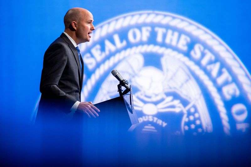 Gov. Spencer Cox speaks during his monthly news
conference at PBS Utah in Salt Lake City on Thursday, March 18,
2021.