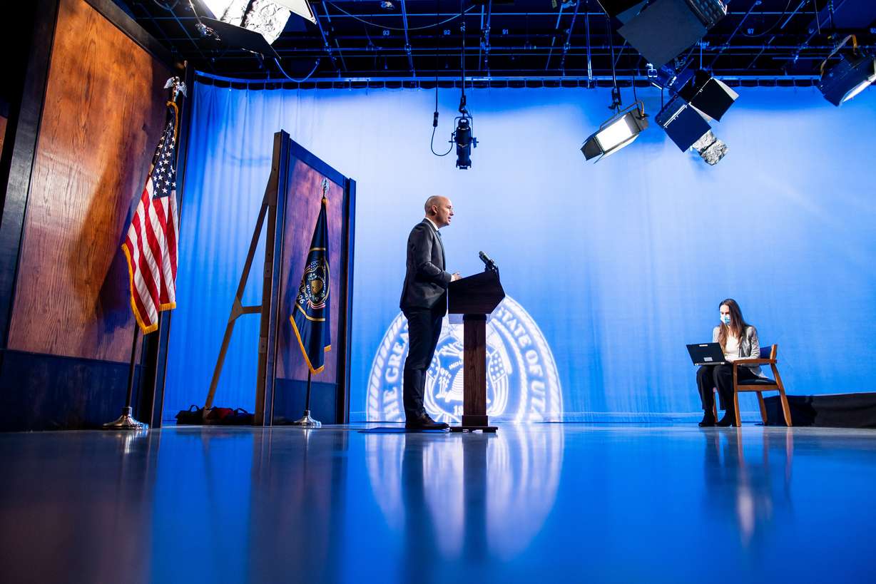 Gov. Spencer Cox speaks during his monthly news conference at PBS Utah in Salt Lake City on Thursday, March 18, 2021.