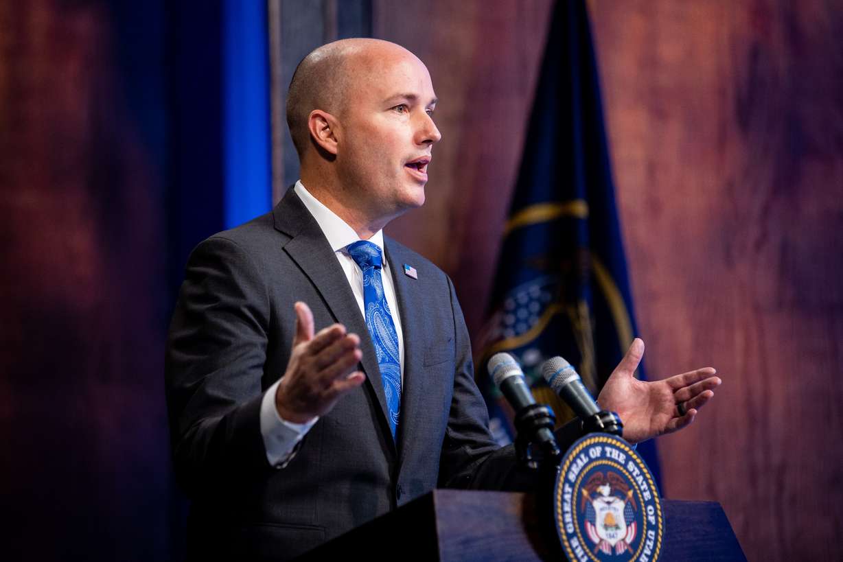 Gov. Spencer Cox speaks during his monthly news conference at PBS Utah in Salt Lake City on Thursday, March 18, 2021.