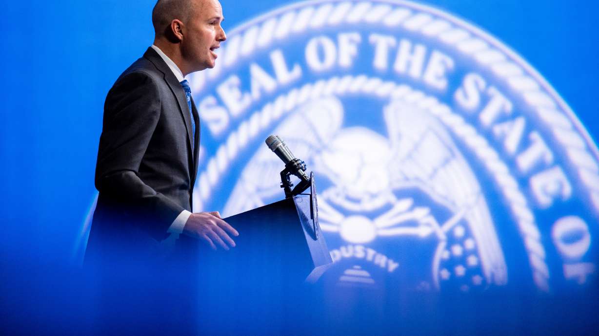 Gov. Spencer Cox speaks during his monthly news conference at PBS Utah in Salt Lake City on Thursday, March 18, 2021.
