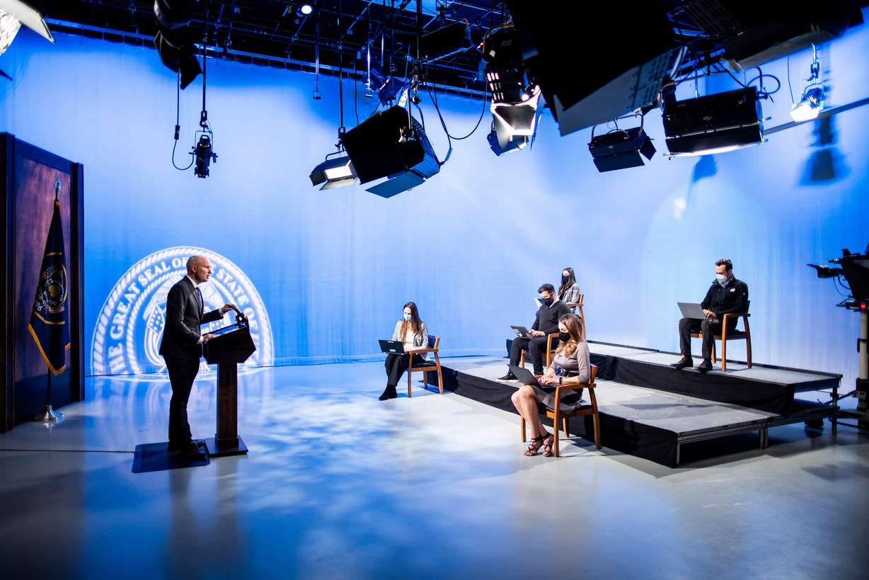 Gov. Spencer Cox speaks during his monthly news conference at PBS Utah in Salt Lake City on Thursday, March 18, 2021.