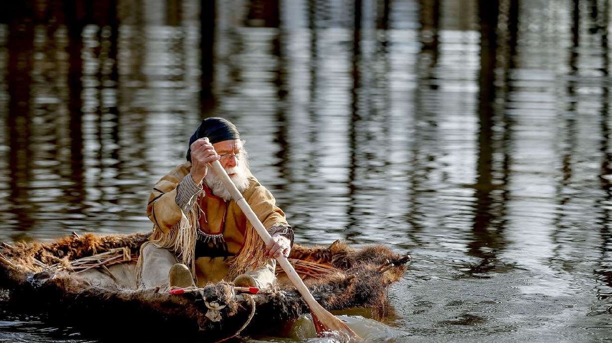 Larry Price paddles a bull boat during a float test at
Fort Buenaventura in Ogden on Wednesday, March 17, 2021. Price and
longtime friend Mark Balliett are planning to float down the Bear
River from Cutler Dam to as close they can get to the Great Salt
Lake in late May to commemorate Jim Bridger’s 1825 trip.