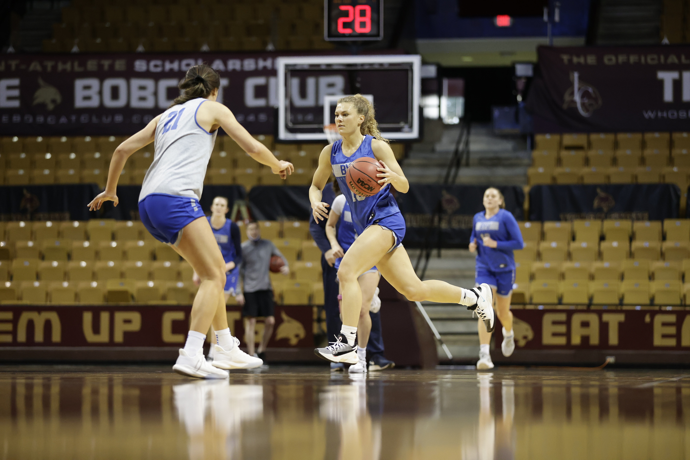 BYU guard Paisley Harding, right, practices Friday, March 19, 2021 in San Marcos, Texas ahead of the NCAA women's basketball tournament.