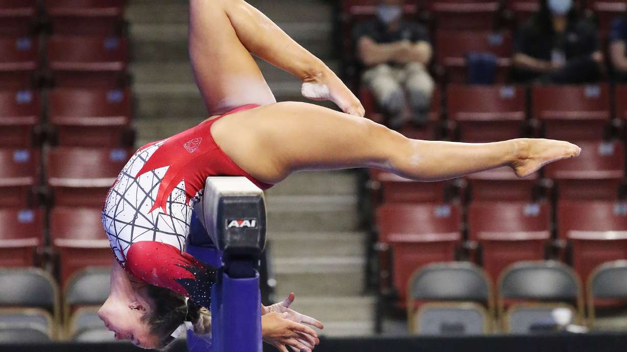 Utahâ??s Maile Oâ??Keefe competes on the beam during the Pac-12 gymnastics championships in West Valley City on Saturday, March 20, 2021.