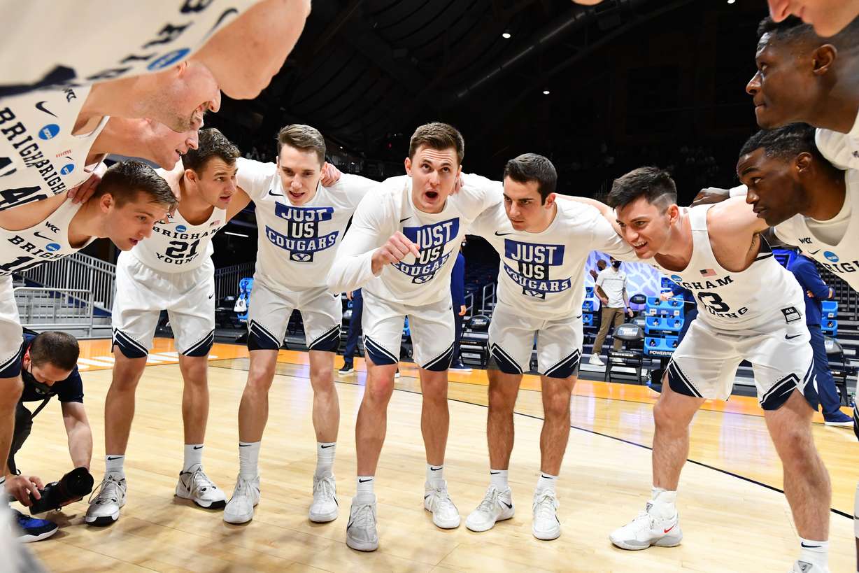 BYU's Connor Harding rallies the Brigham Young Cougars as they take on the UCLA Bruins in the first round of the 2021 NCAA Division I MenÕs Basketball Tournament held at Hinkle Fieldhouse on March 20, 2021 in Indianapolis, Indiana. (Photo by Brett Wilhelm/NCAA Photos via Getty Images)