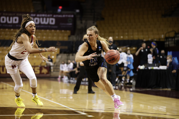 BYU guard Paisley Johnson Harding drives against Rutgers in a NCAA women's basketball tournament first-round game Monday, March 22, 2021 in San Marcos, Texas.