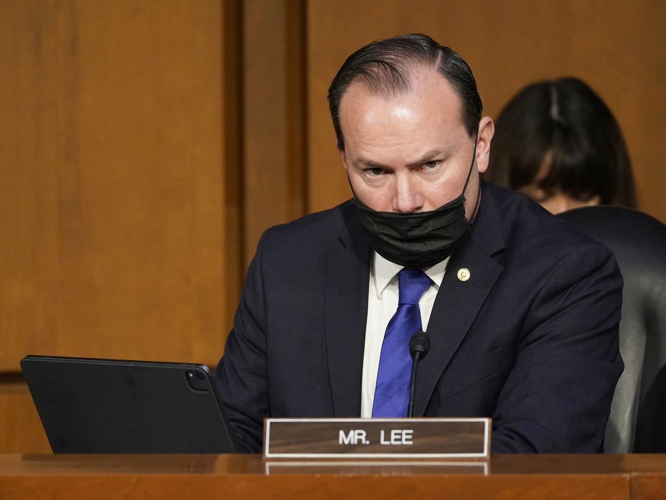 Sen. Mike Lee, R-Utah, attends a Senate Judiciary
Committee meeting on Capitol Hill in Washington, March 1, 2021. On
Tuesday, Lee suggested that "aggressive” gun control policies,
including universal background checks and increased waiting periods
to buy a firearm, disproportionately harm minority and LGBTQ
communities.
