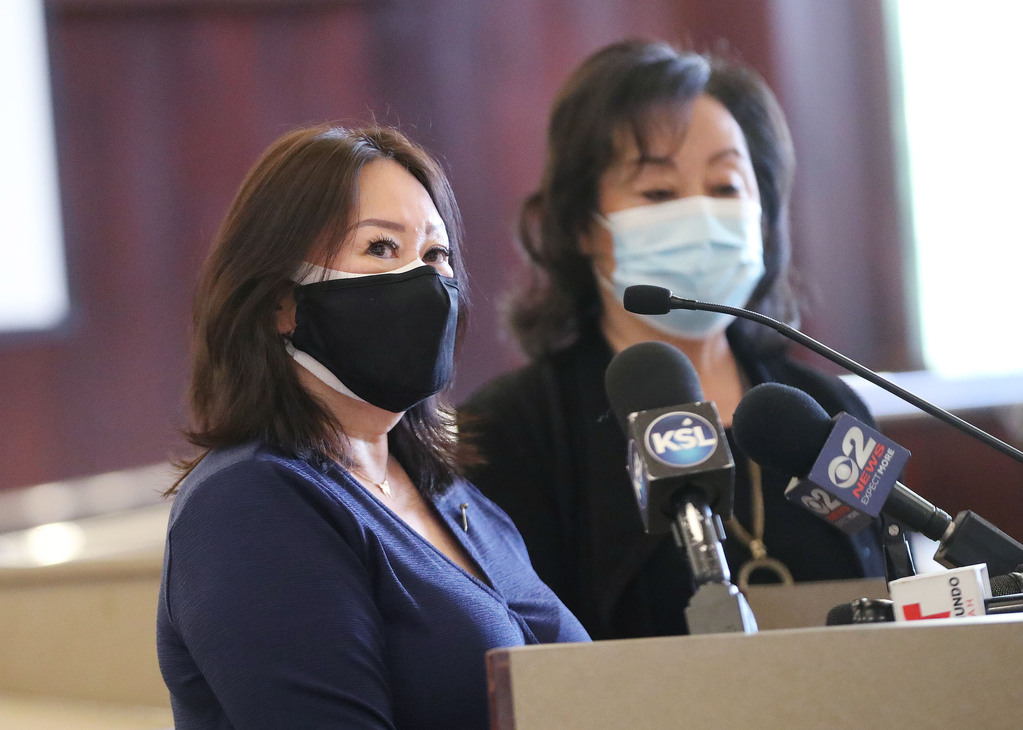 Rep. Karen Kwan, D-Murray, left, and Sen. Jani Iwamoto, D-Holladay, speak during a press conference at the Salt Lake County Government Center in Salt Lake City on Tuesday, March 23, 2021.