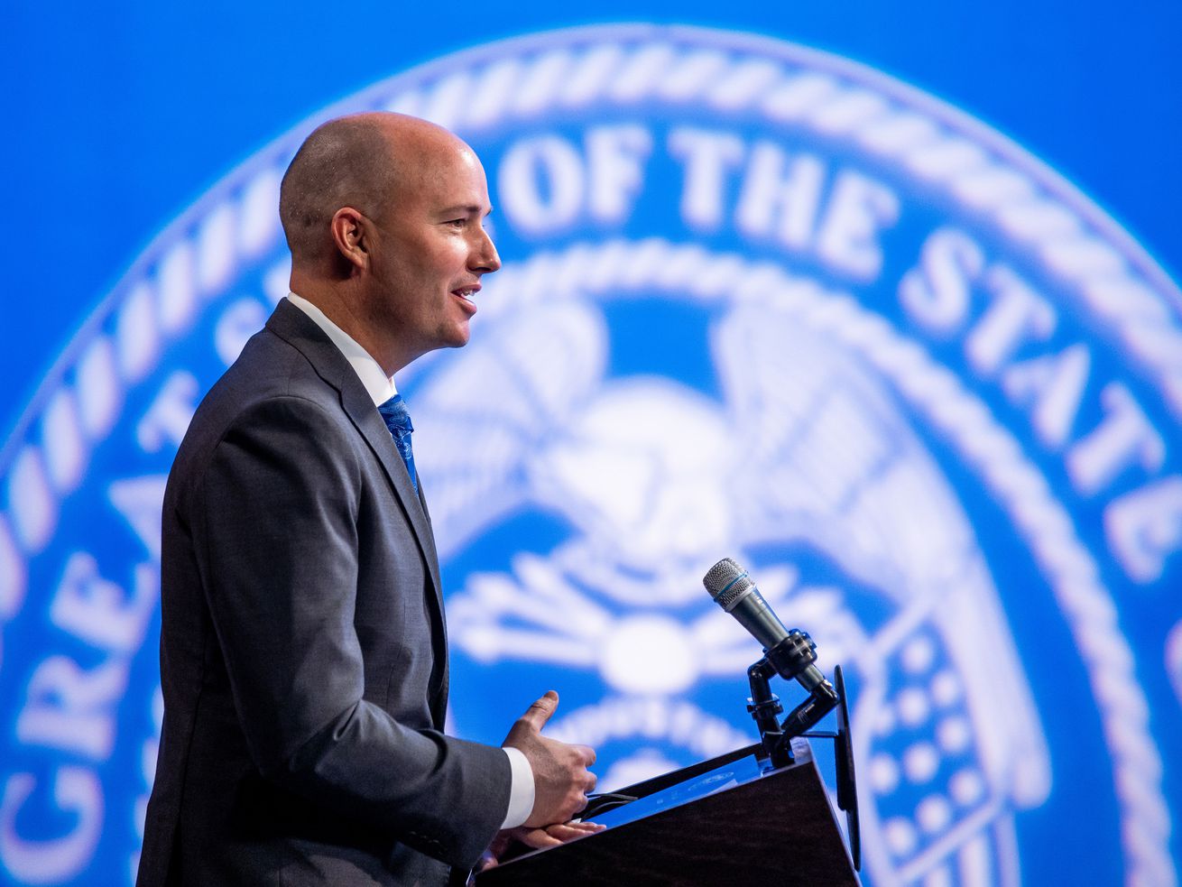 Gov. Spencer Cox speaks during his monthly news
conference at PBS Utah in Salt Lake City on Thursday, March 18,
2021.