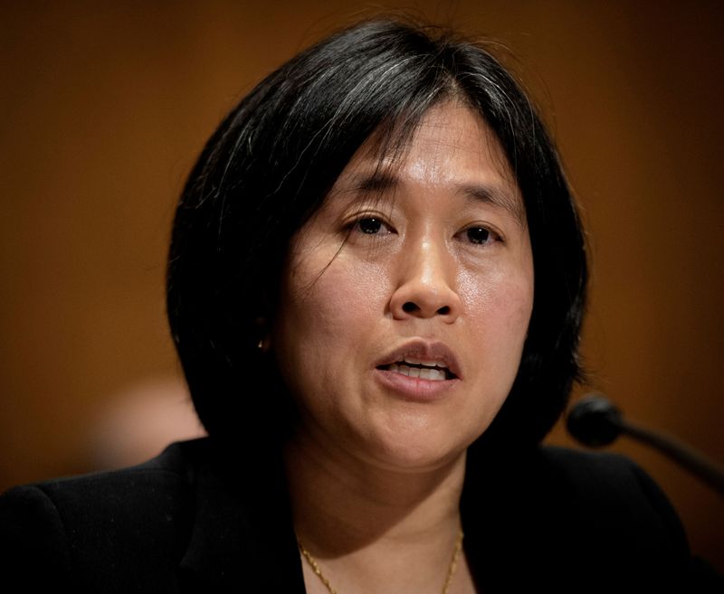 FILE PHOTO: Katherine C. Tai addresses the Senate Finance committee hearings to examine her nomination to be United States Trade Representative, with the rank of ambassador, in Washington, DC February 25, 2021. Bill O'Leary/Pool via REUTERS/File Photo