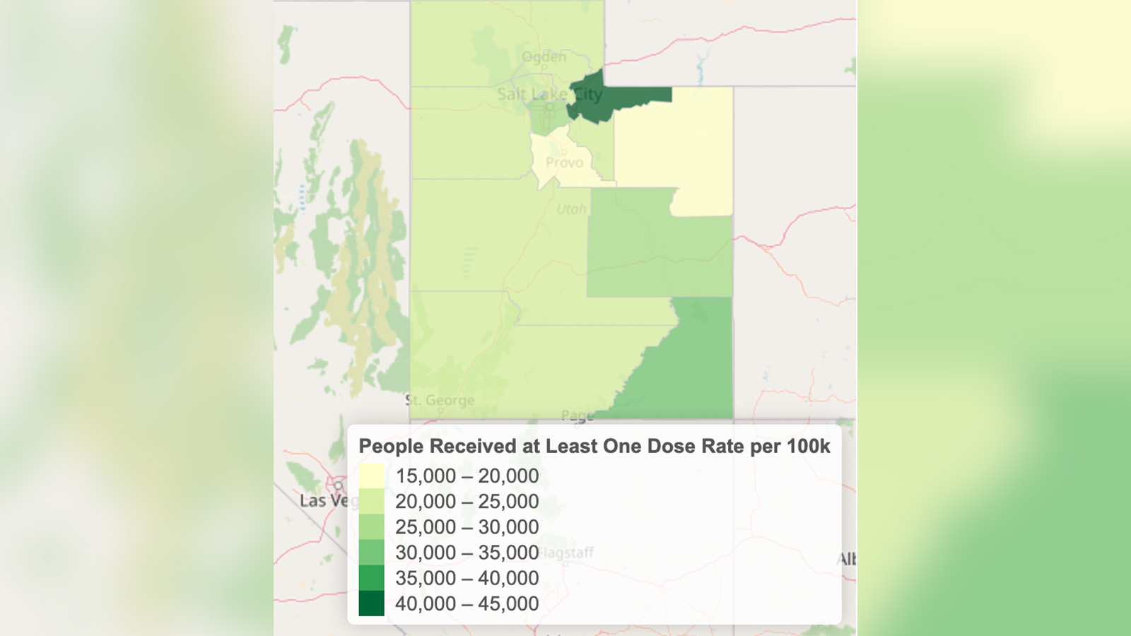 This map, created by the Utah Department of Health, shows the rate of people with at least one vaccination per 100,000 within the state's 13 health districts as of Wednesday, March 24, 2021. The Summit County Health Department has the highest rate.