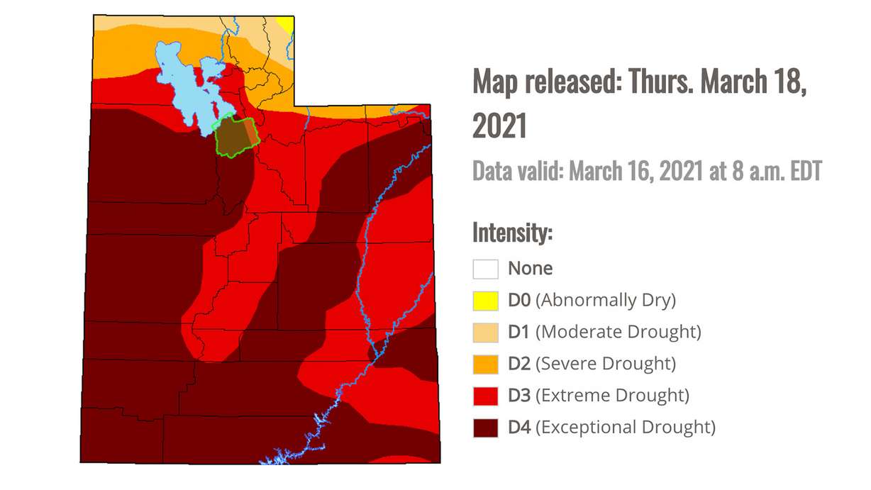 This map, provided by the U.S. Drought Monitor, shows drought conditions across the state as of Tuesday, March 16, 2021. The section highlighted in green is Salt Lake County, which is a mixture of being in an extreme or exceptional drought.
