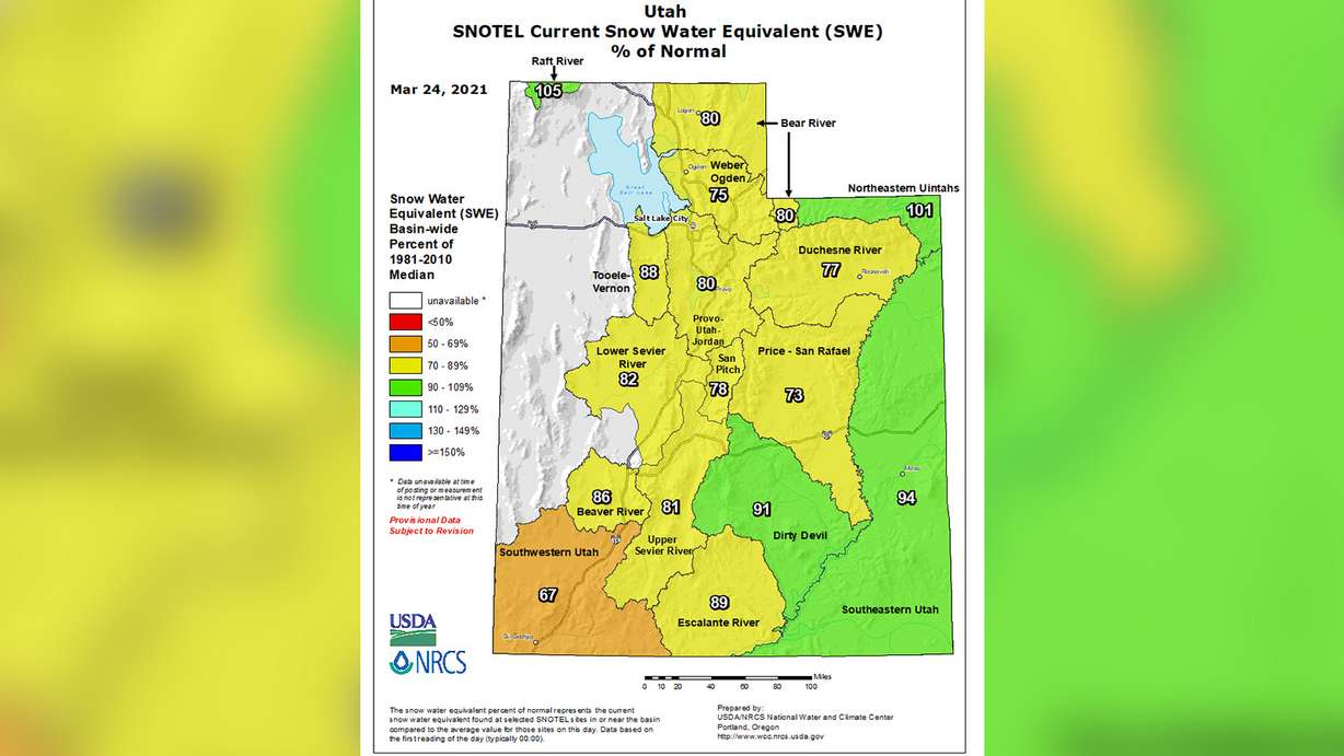 This map, created by the Natural Resources Conservation Service, shows snowpack totals by snow basins in Utah on Wednesday, March 24, 2021. The Provo-Utah-Jordan basin that includes Salt Lake County was 80% of the normal for that time of the year, according to the agency.