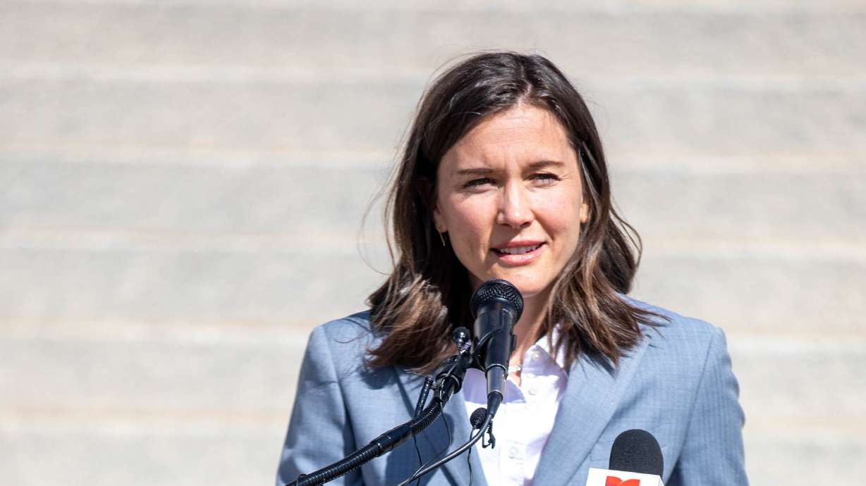 Salt Lake City Mayor Erin Mendenhall discusses emergency rental assistance during a press conference outside of the Capitol in Salt Lake City on Monday, March 15, 2021.