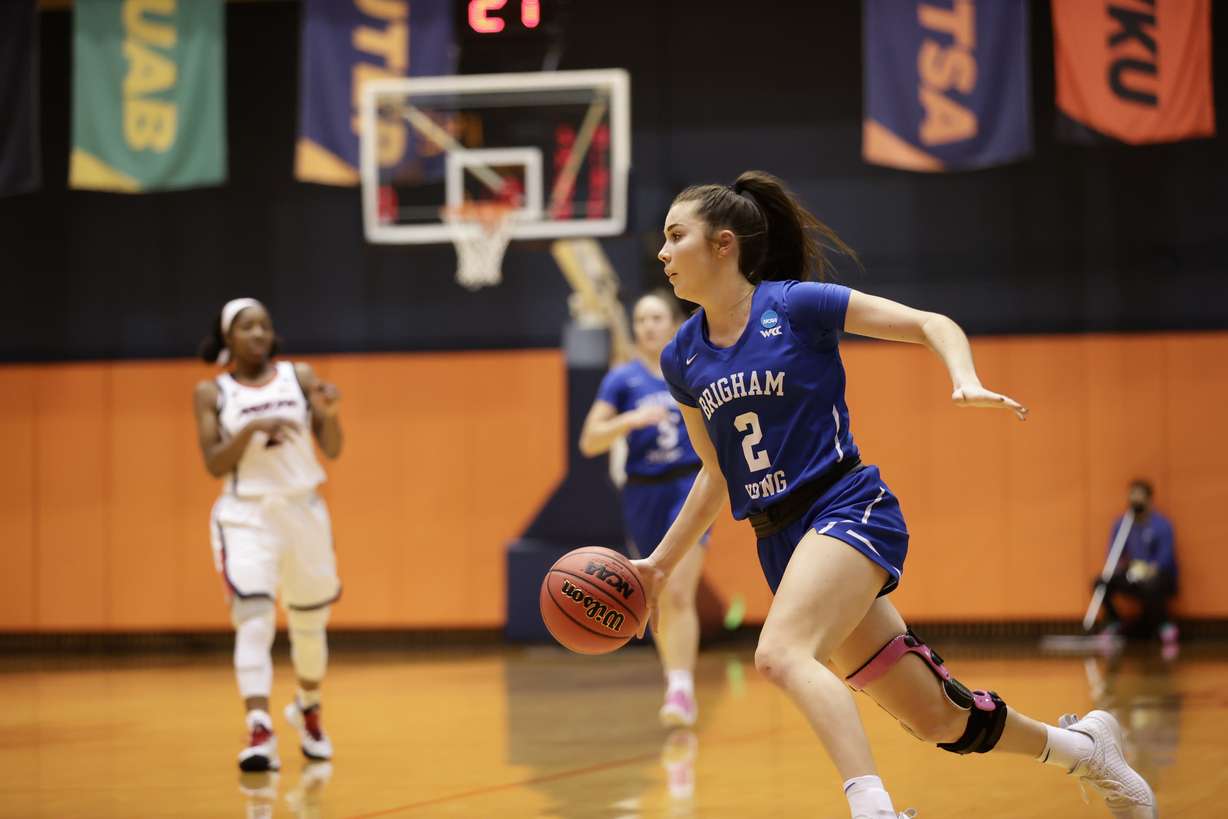BYU guard Shaylee Gonzales dribbles down the court during an NCAA women's basketball tournament second-round game, Wednesday, March 24, 2021 at the UTSA Convocation Center in San Antonio, Texas.