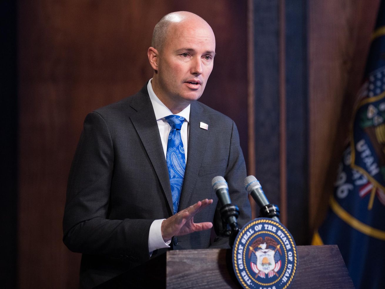 Gov. Spencer Cox speaks during his monthly news
conference at PBS Utah in Salt Lake City on Thursday, March 18,
2021. As expected, Cox on Wednesday signed a bill approved by the
Utah Legislature earlier this month to lift the statewide mask
mandate on April 10 and lay ground rules for when other COVID-19
restrictions on state and local levels would be terminated.