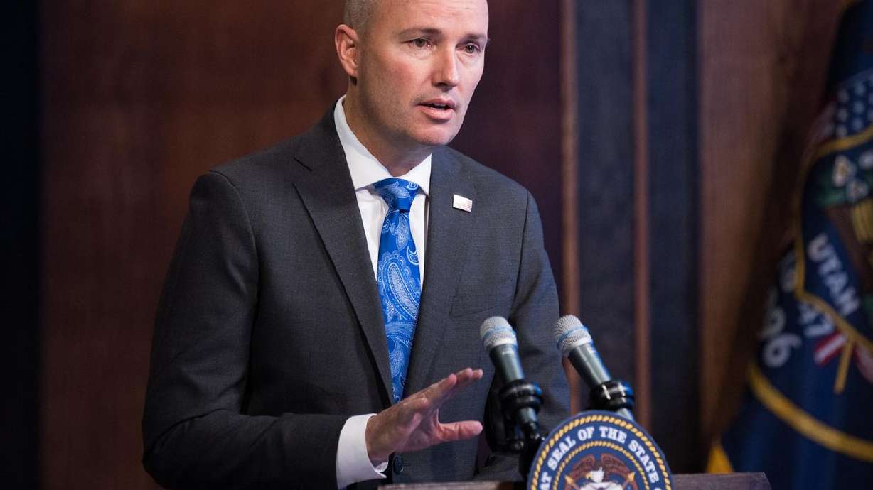 Gov. Spencer Cox speaks during his monthly news
conference at PBS Utah in Salt Lake City on Thursday, March 18,
2021. As expected, Cox on Wednesday signed a bill approved by the
Utah Legislature earlier this month to lift the statewide mask
mandate on April 10 and lay ground rules for when other COVID-19
restrictions on state and local levels would be terminated.