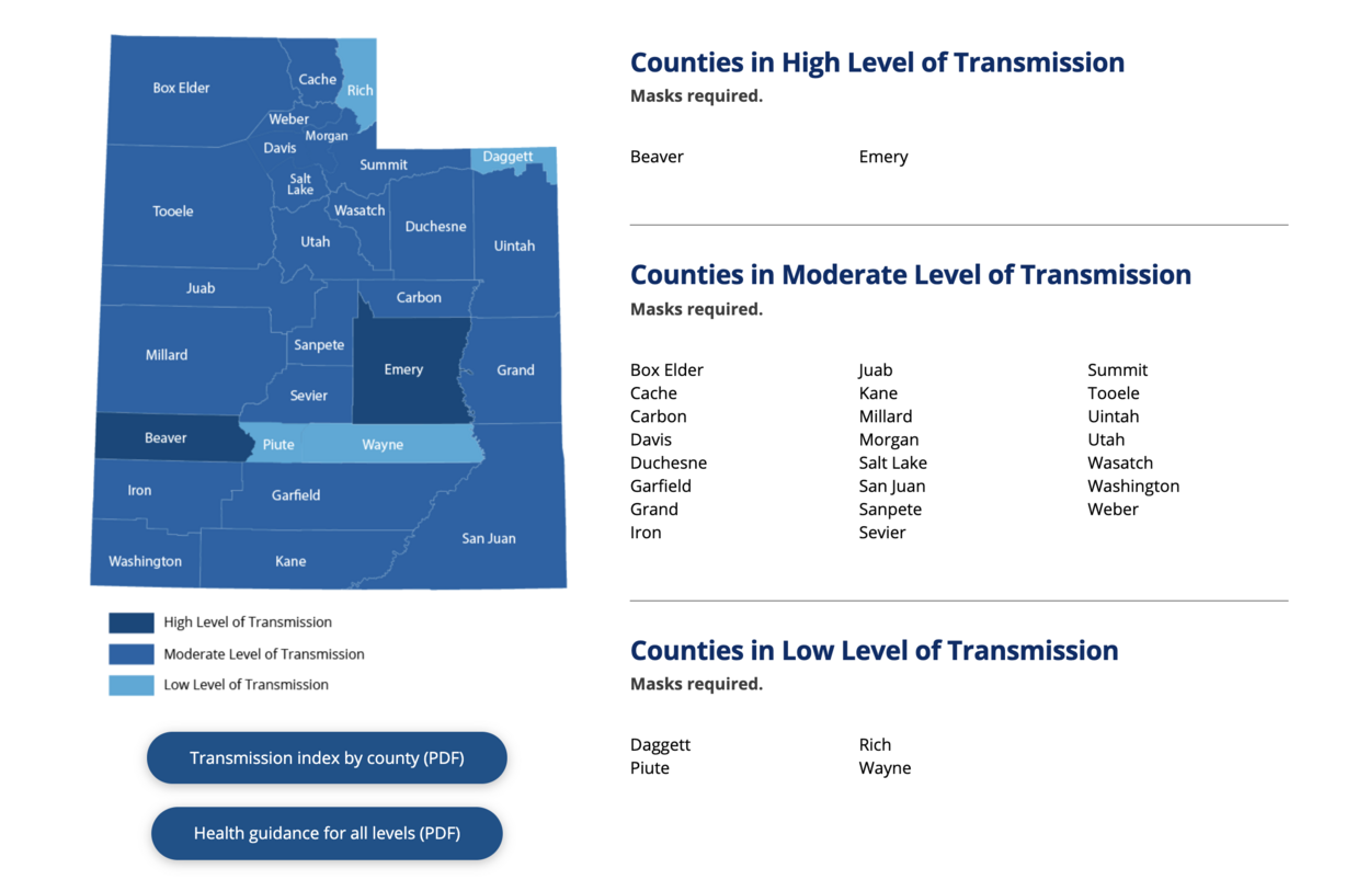 This graphic, taken from the Utah Department of Health's COVID-19 website, shows the transmission index level for individual Utah counties as of Thursday, March 25, 2021.