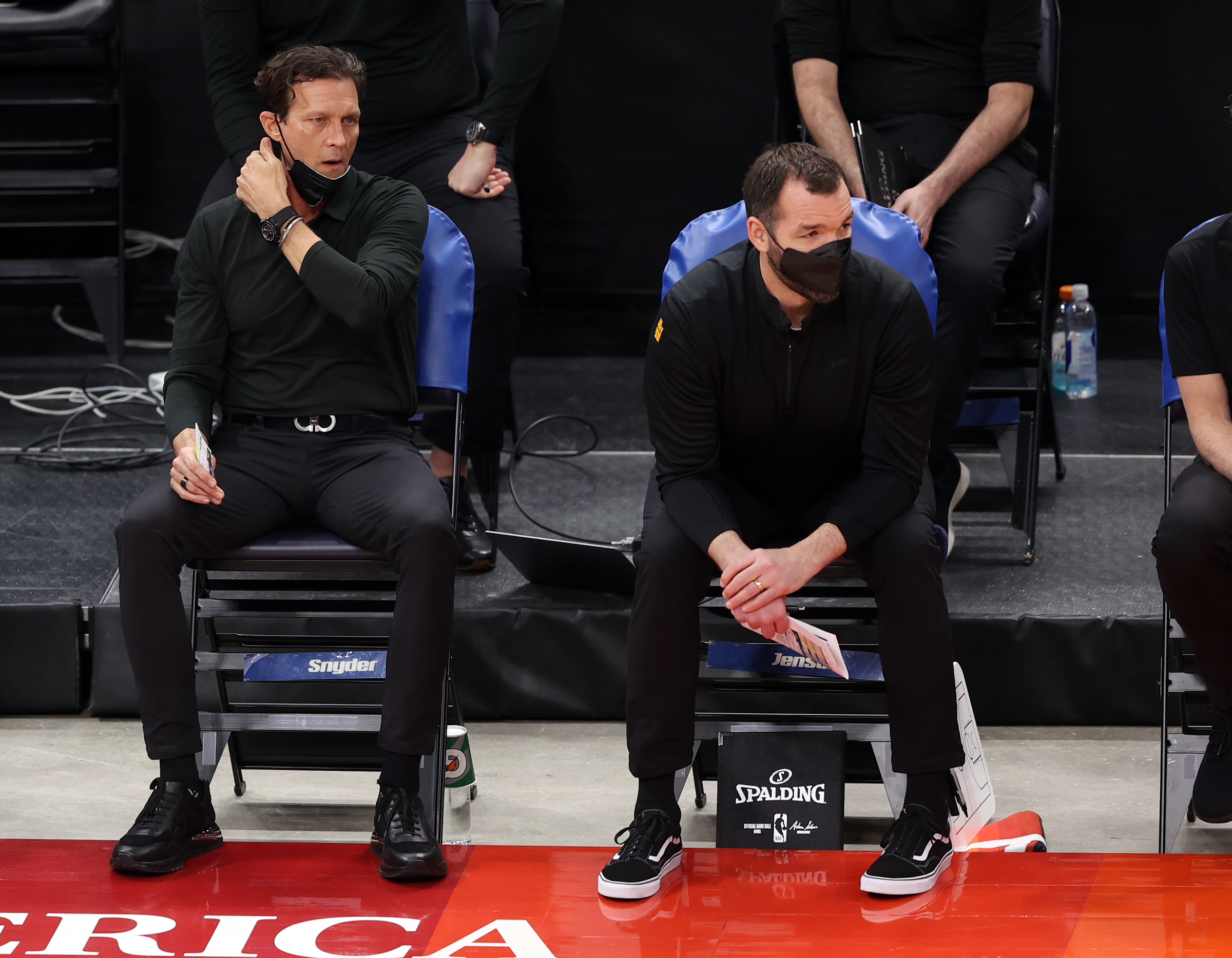 Utah Jazz head coach Quin Snyder and assistant coach Alex Jensen watch as the Utah Jazz and the Brooklyn Nets play an NBA basketball game at Vivint Smart Home Arena in Salt Lake City on Wednesday, March 24, 2021. Utah won 118-88.
