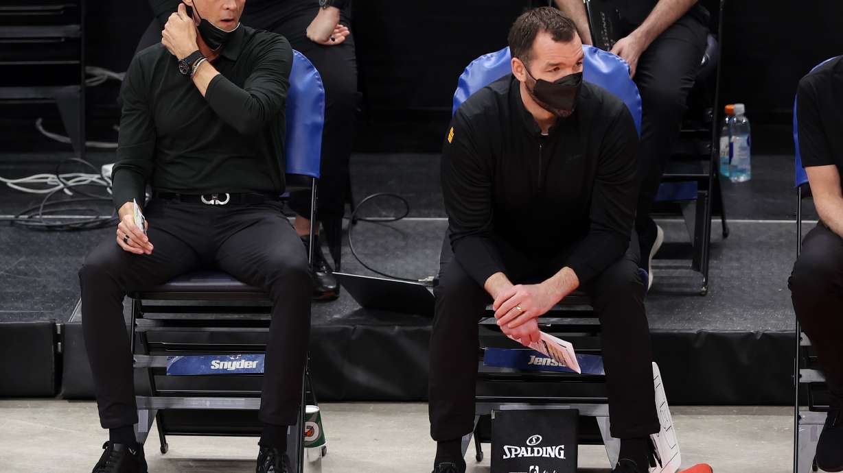 Utah Jazz head coach Quin Snyder and assistant coach Alex Jensen watch as the Utah Jazz and the Brooklyn Nets play an NBA basketball game at Vivint Smart Home Arena in Salt Lake City on Wednesday, March 24, 2021. Utah won 118-88.