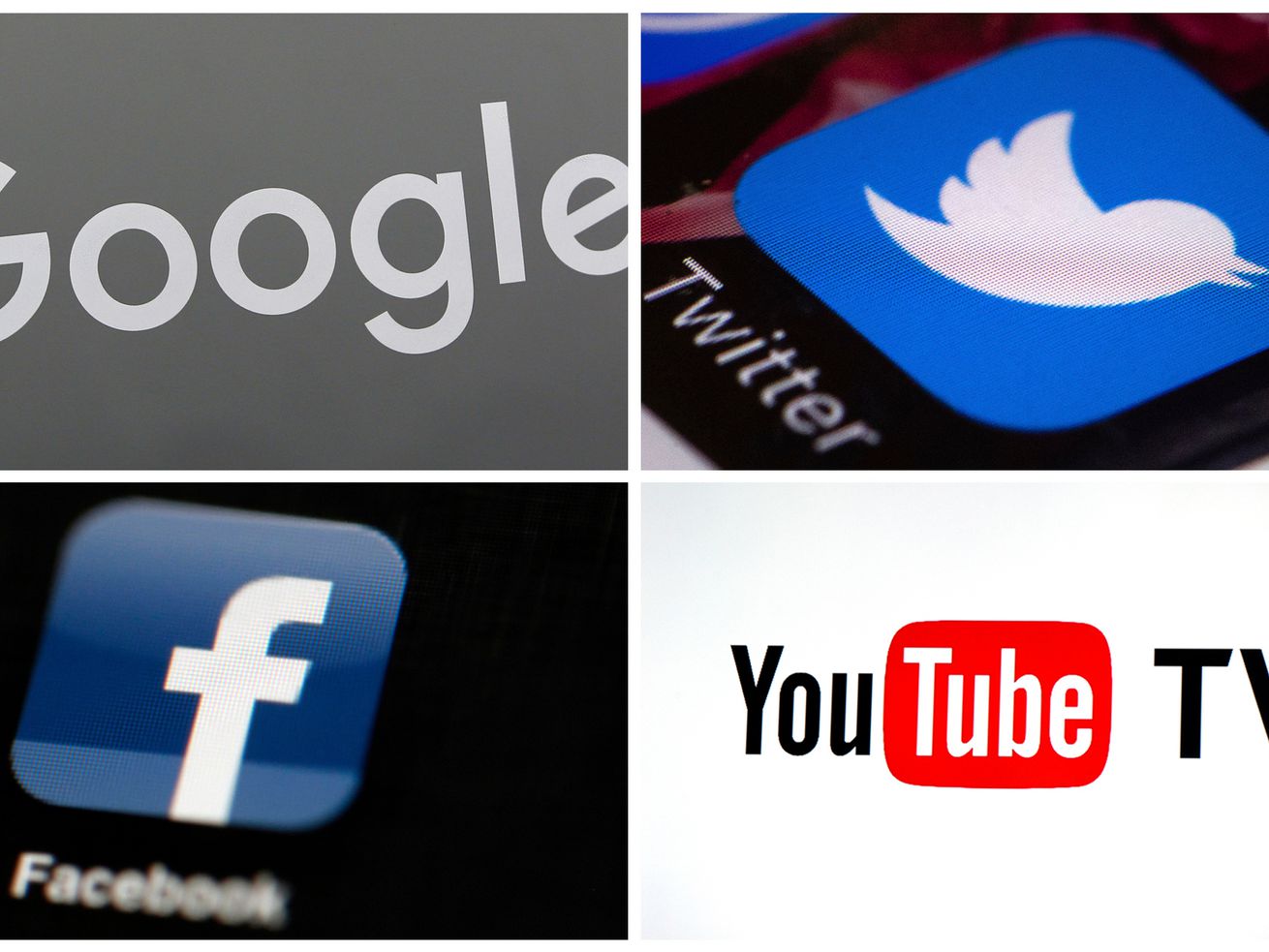 Clockwise, from upper left: A Google sign, the Twitter
app, YouTube TV logo and the Facebook app are pictured in the
combination of photos in August 2017.